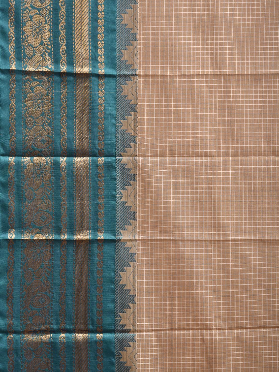 Cream and Teal Gadwal Cotton Viscose Saree with Checks and Pallu Border Design No Blouse g0662