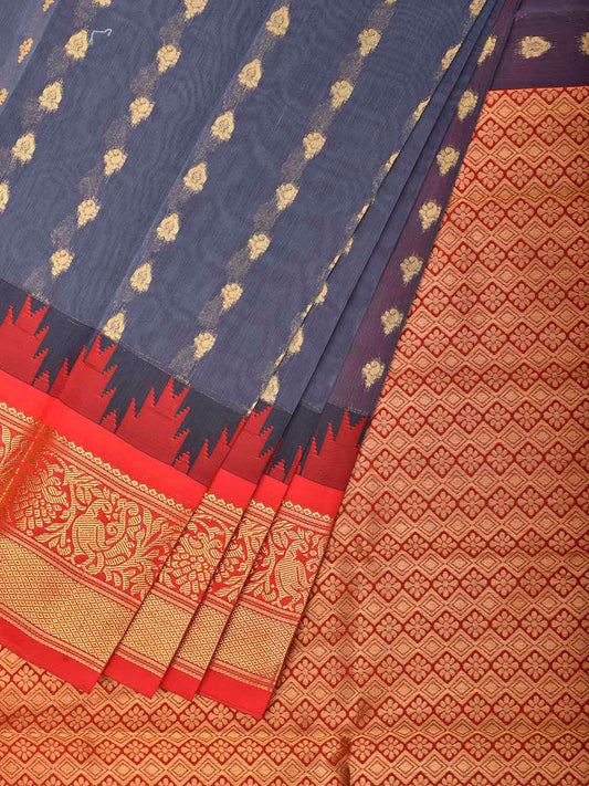 Grey and Red Gadwal Cotton Viscose Saree with Body Buta and Temple Border Design g0663