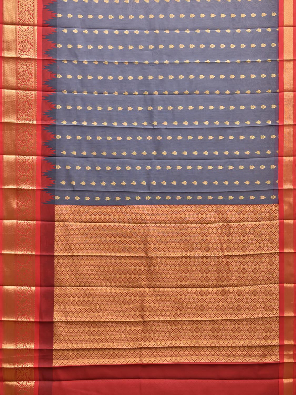 Grey and Red Gadwal Cotton Viscose Saree with Body Buta and Temple Border Design g0663