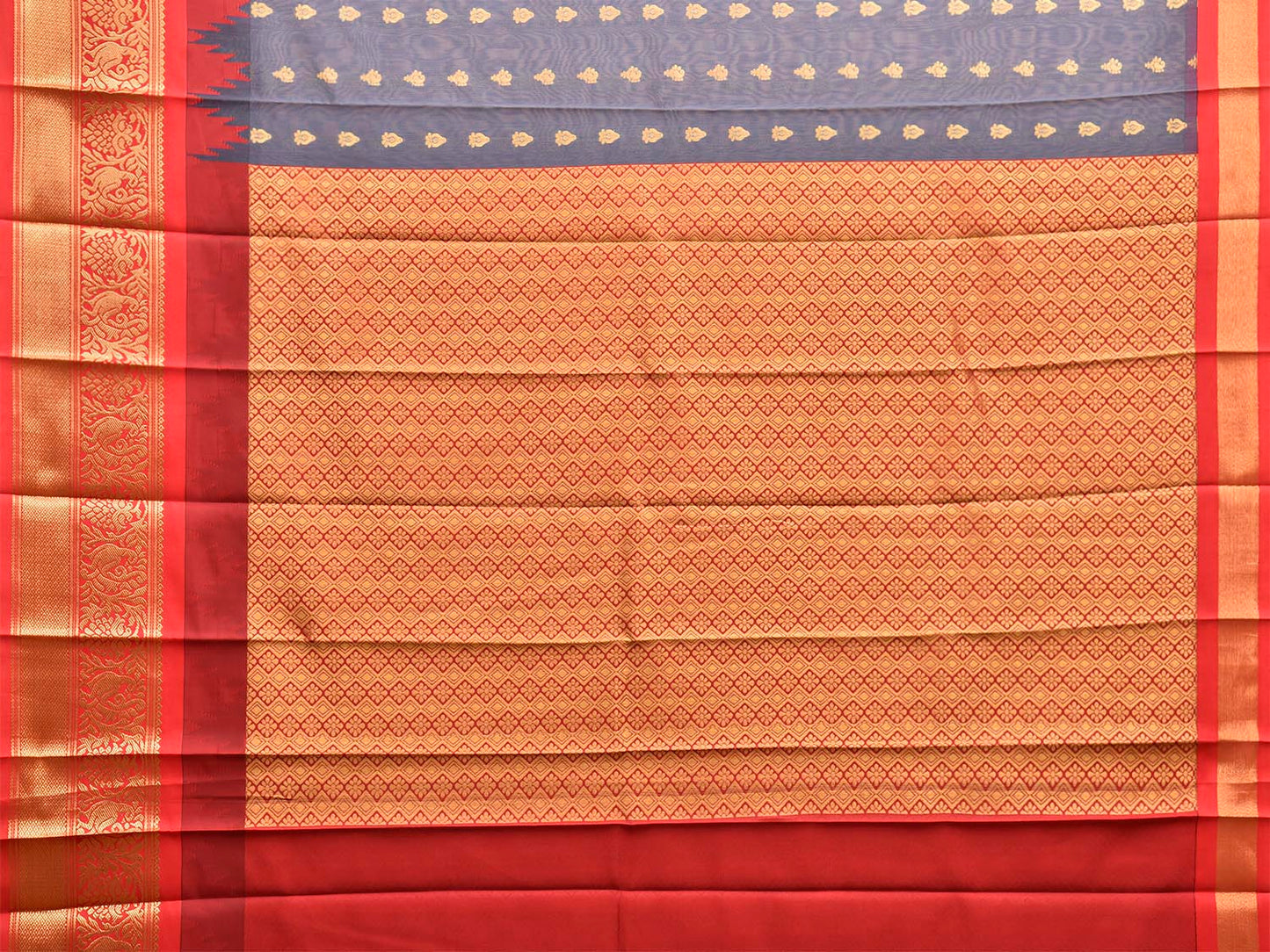 Grey and Red Gadwal Cotton Viscose Saree with Body Buta and Temple Border Design g0663