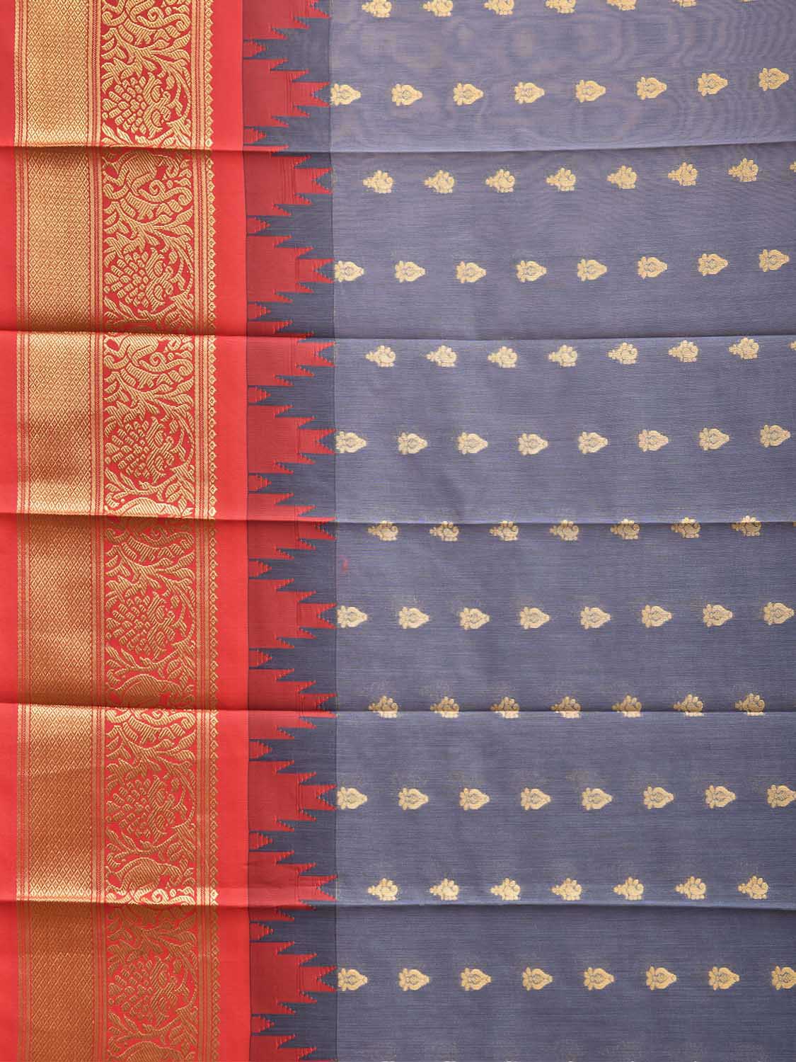 Grey and Red Gadwal Cotton Viscose Saree with Body Buta and Temple Border Design g0663