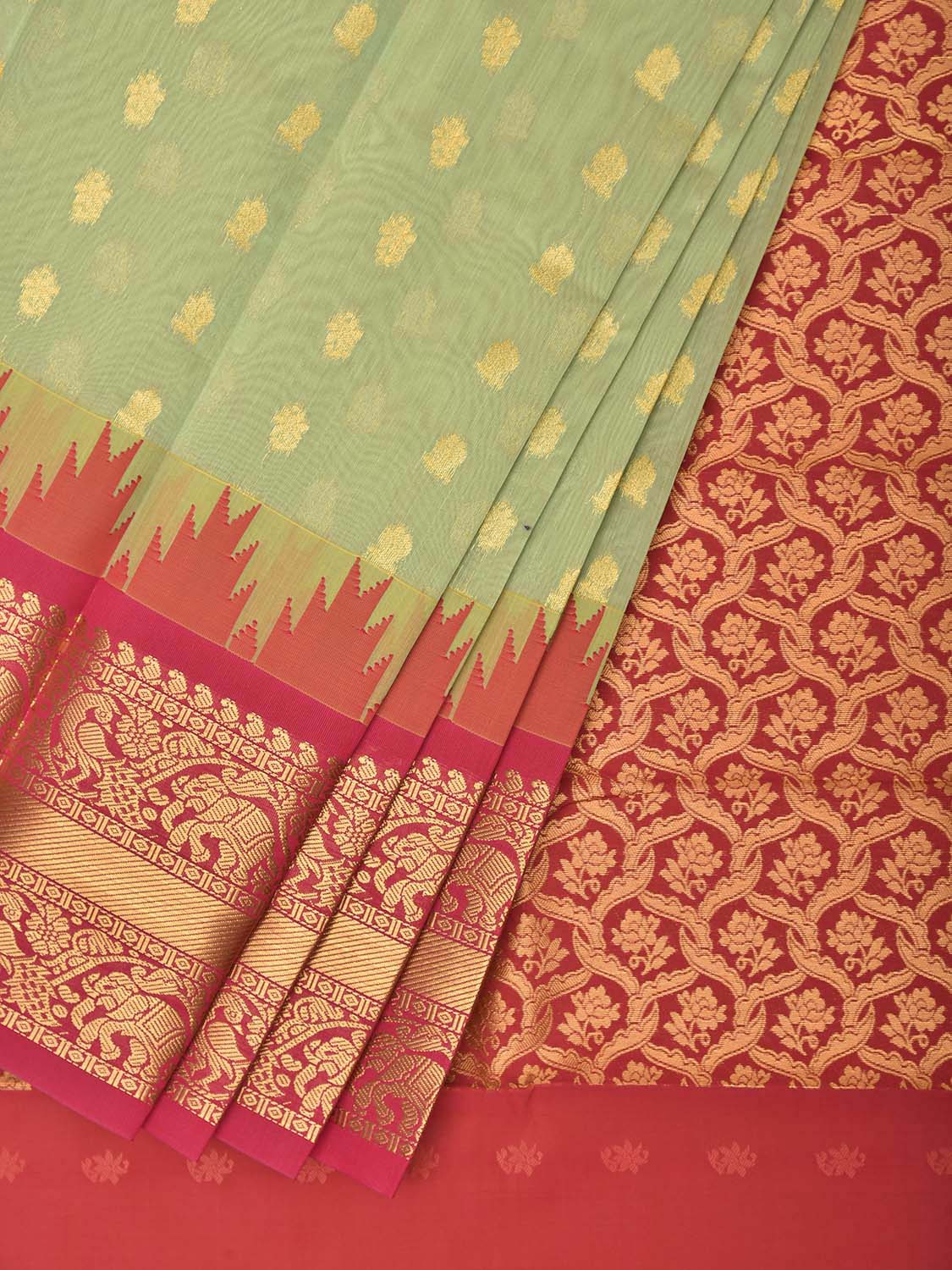 Sea Green and Pink Gadwal Cotton Viscose Saree with Body Buta and Temple Border Design g0664