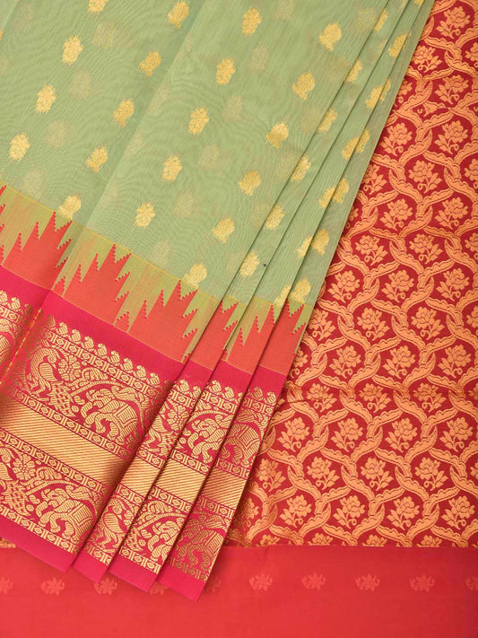 Sea Green and Pink Gadwal Cotton Viscose Saree with Body Buta and Temple Border Design g0664