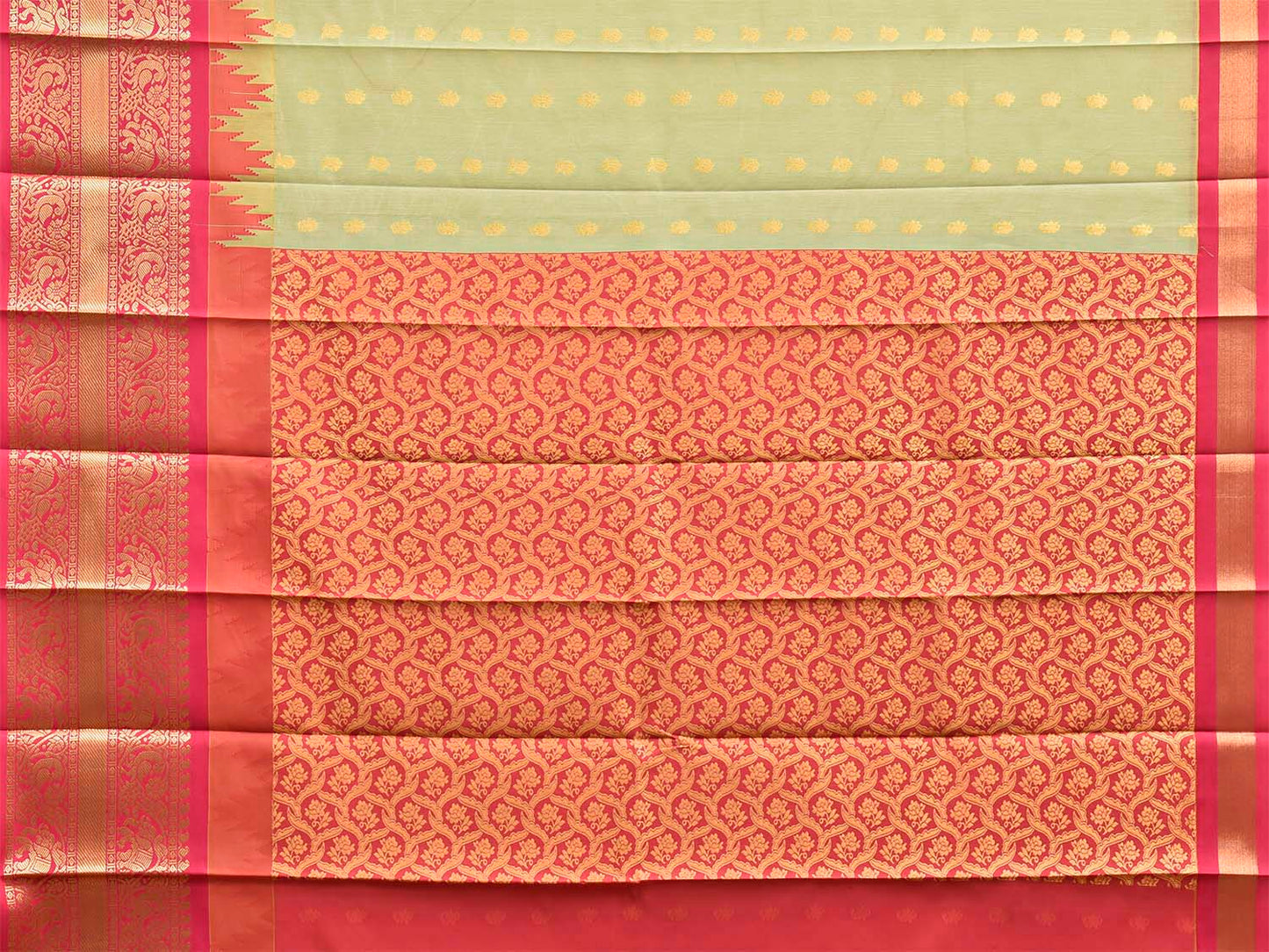 Sea Green and Pink Gadwal Cotton Viscose Saree with Body Buta and Temple Border Design g0664