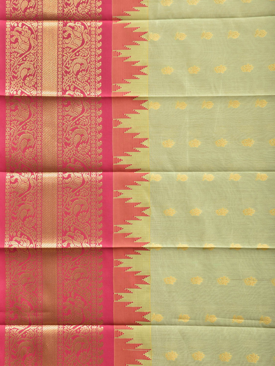 Sea Green and Pink Gadwal Cotton Viscose Saree with Body Buta and Temple Border Design g0664