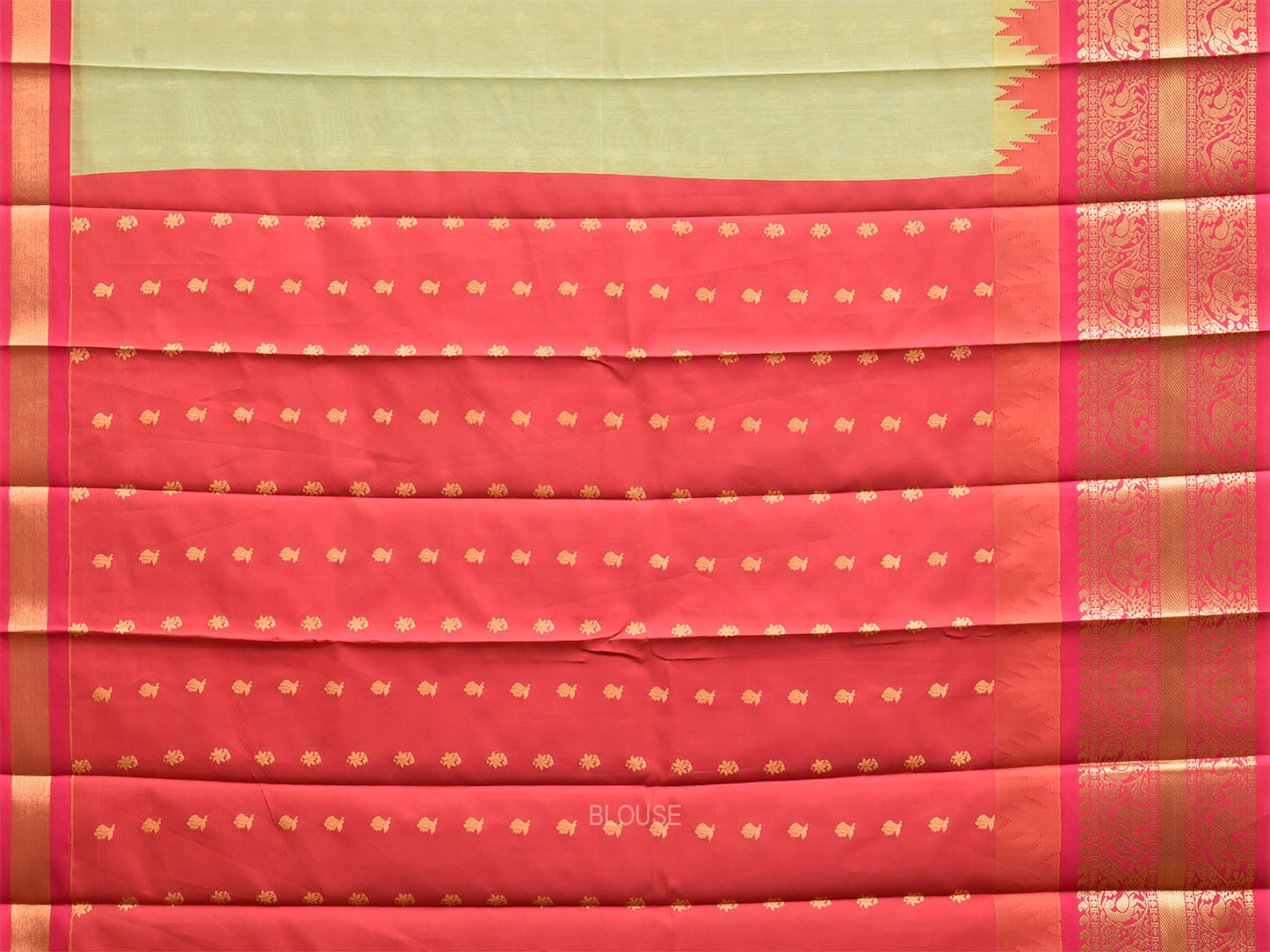 Sea Green and Pink Gadwal Cotton Viscose Saree with Body Buta and Temple Border Design g0664