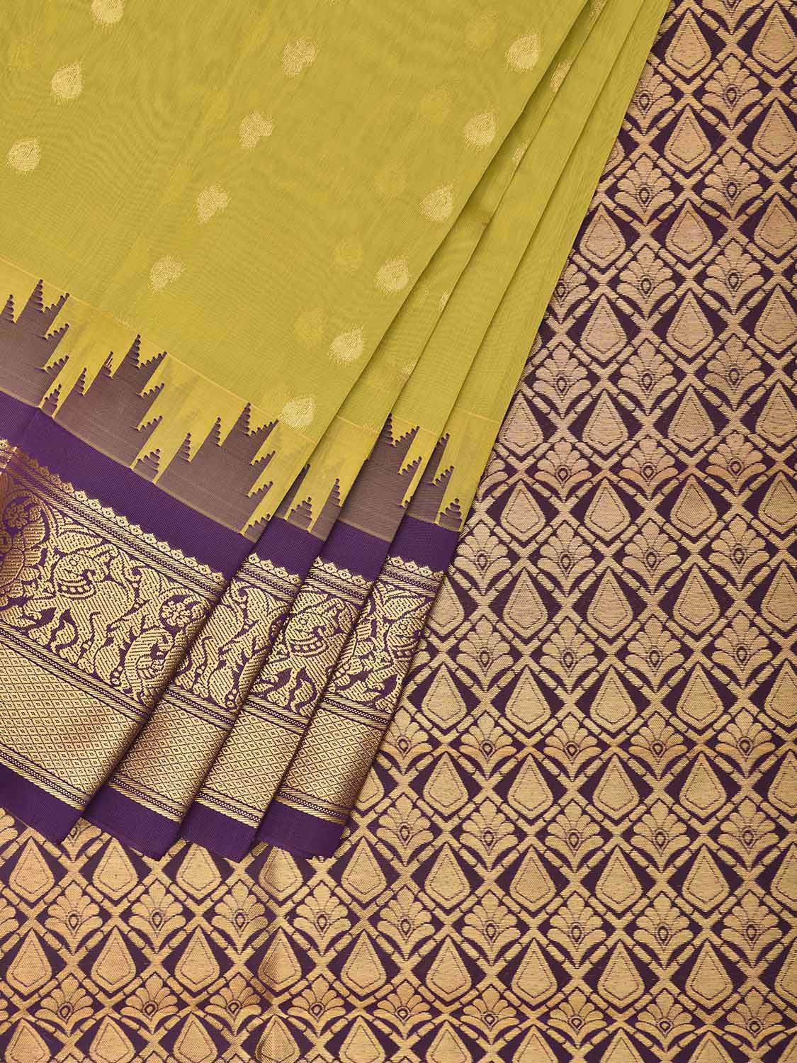 Light Green and Purple Gadwal Cotton Viscose Saree with Body Buta and Temple Border Design g0665