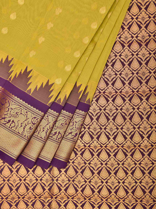 Light Green and Purple Gadwal Cotton Viscose Saree with Body Buta and Temple Border Design g0665