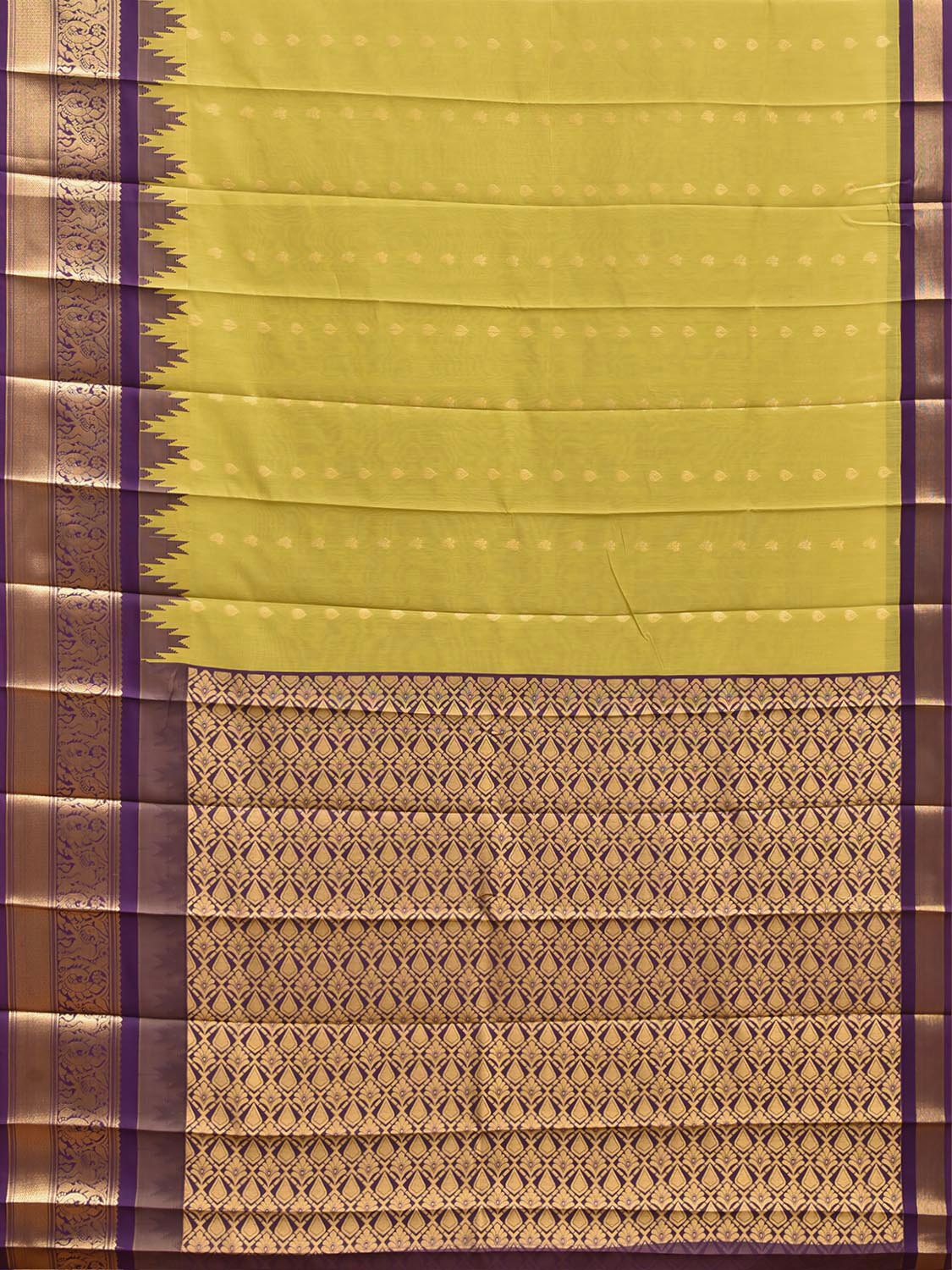 Light Green and Purple Gadwal Cotton Viscose Saree with Body Buta and Temple Border Design g0665