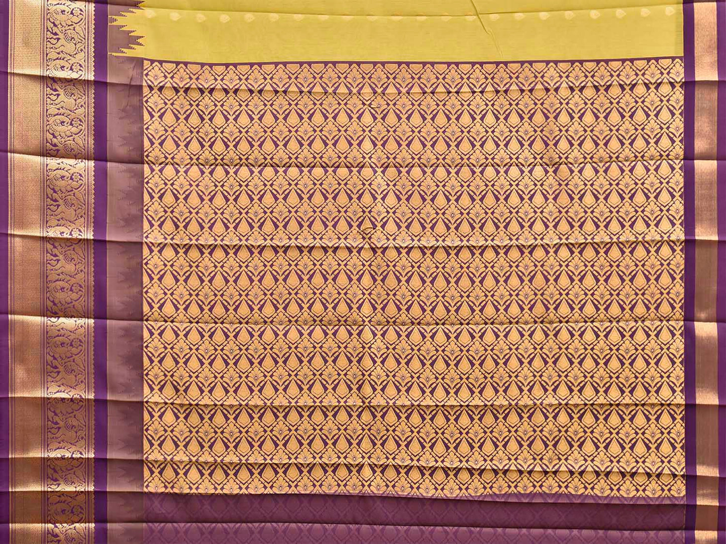 Light Green and Purple Gadwal Cotton Viscose Saree with Body Buta and Temple Border Design g0665