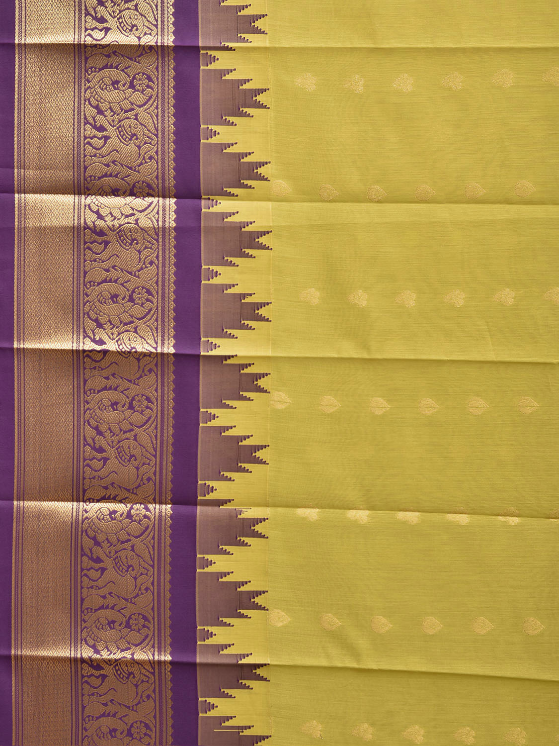 Light Green and Purple Gadwal Cotton Viscose Saree with Body Buta and Temple Border Design g0665