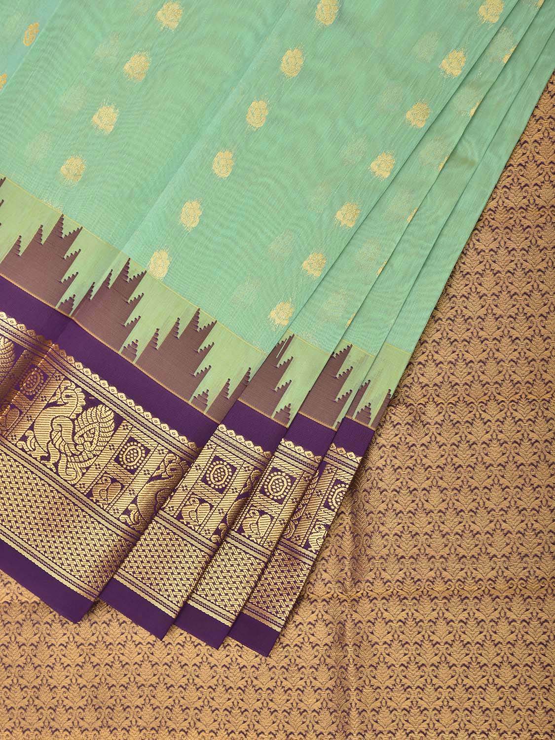 Turquoise and Purple Gadwal Cotton Viscose Saree with Body Buta and Temple Border Design g0666