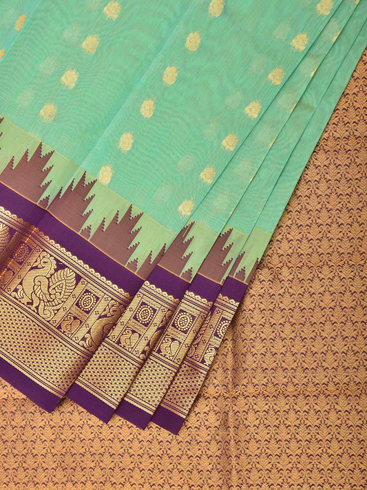 Turquoise and Purple Gadwal Cotton Viscose Saree with Body Buta and Temple Border Design g0666