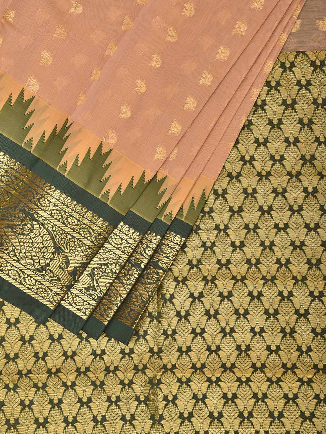 Light Fawn and Green Gadwal Cotton Viscose Saree with Body Buta and Temple Border Design g0667