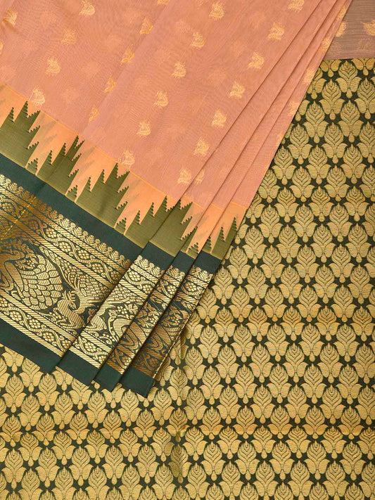Light Fawn and Green Gadwal Cotton Viscose Saree with Body Buta and Temple Border Design g0667