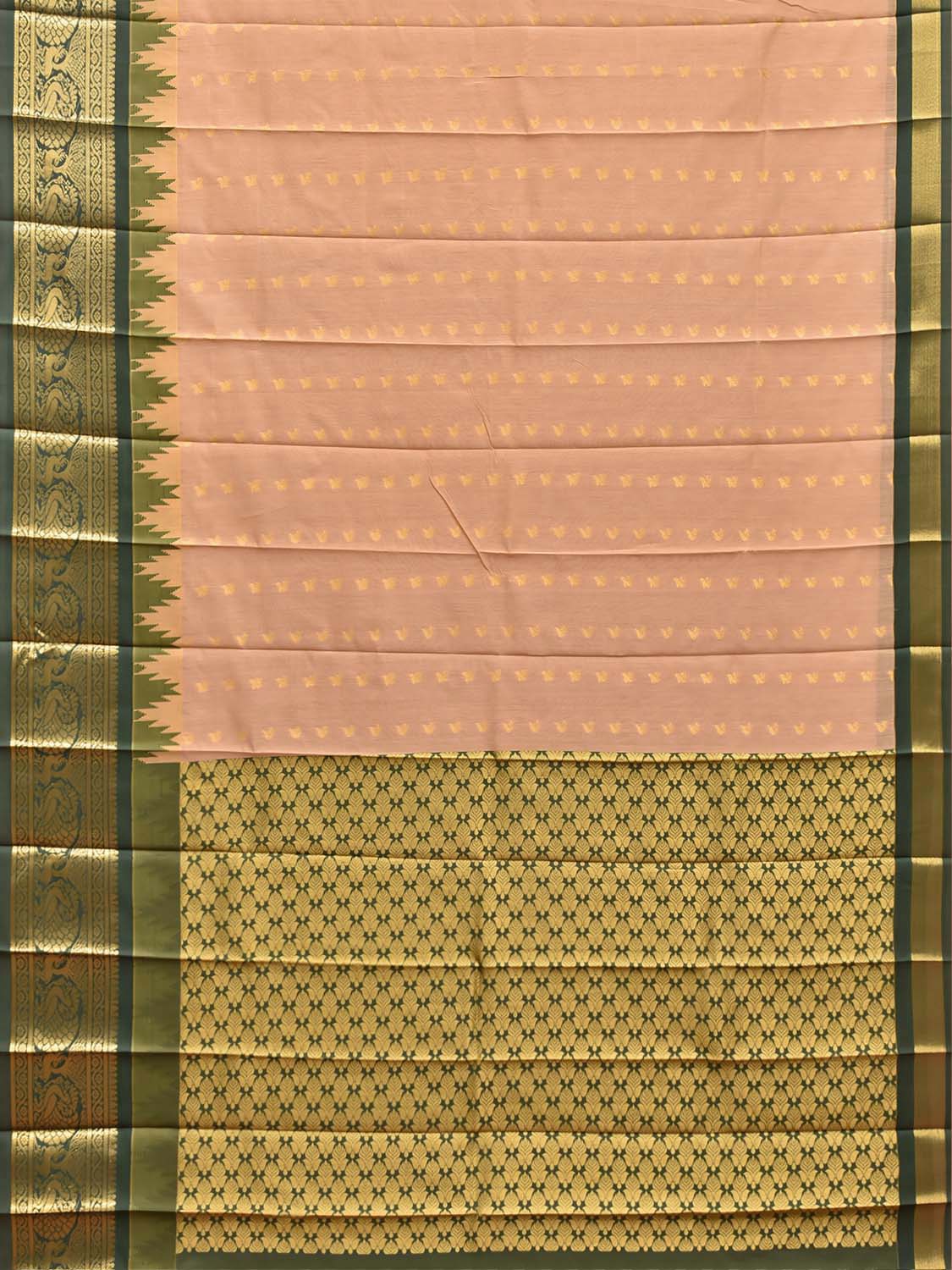 Light Fawn and Green Gadwal Cotton Viscose Saree with Body Buta and Temple Border Design g0667