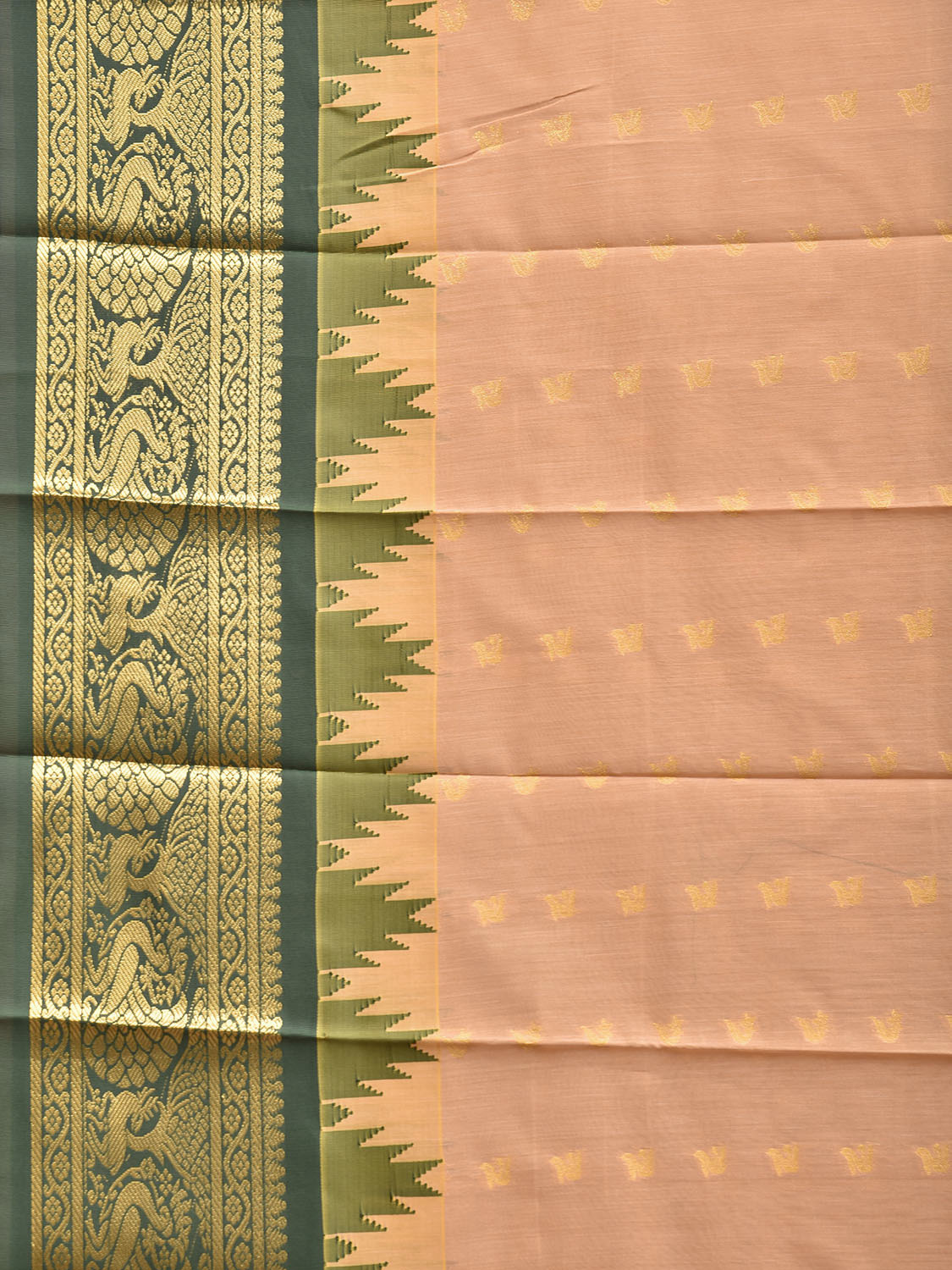 Light Fawn and Green Gadwal Cotton Viscose Saree with Body Buta and Temple Border Design g0667