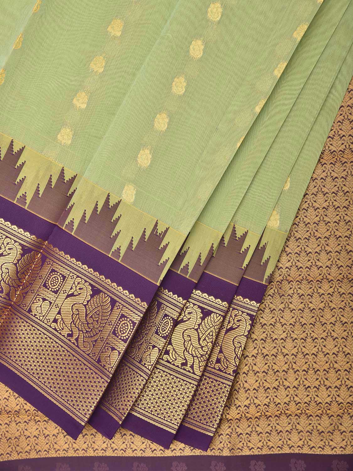 Sea Green and Purple Gadwal Cotton Viscose Saree with Body Buta and Temple Border Design g0668