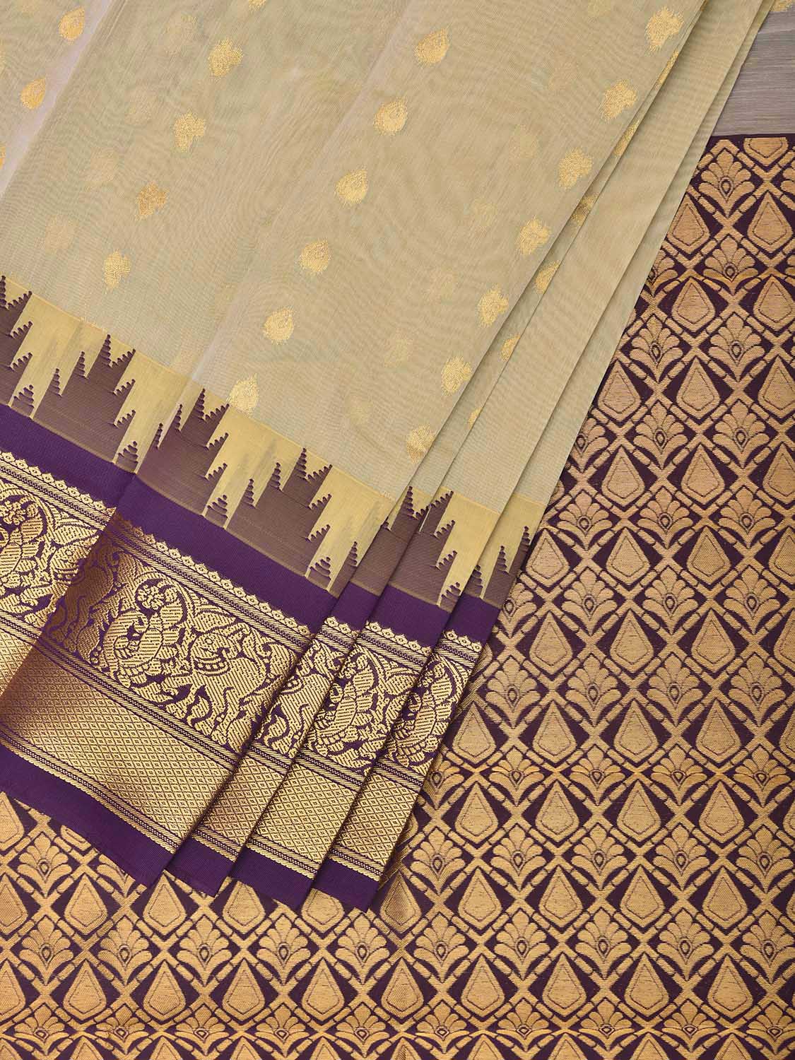 Cream and Purple Gadwal Cotton Viscose Saree with Body Buta and Temple Border Design g0669