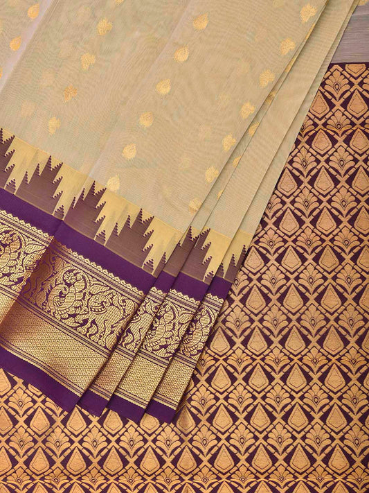 Cream and Purple Gadwal Cotton Viscose Saree with Body Buta and Temple Border Design g0669