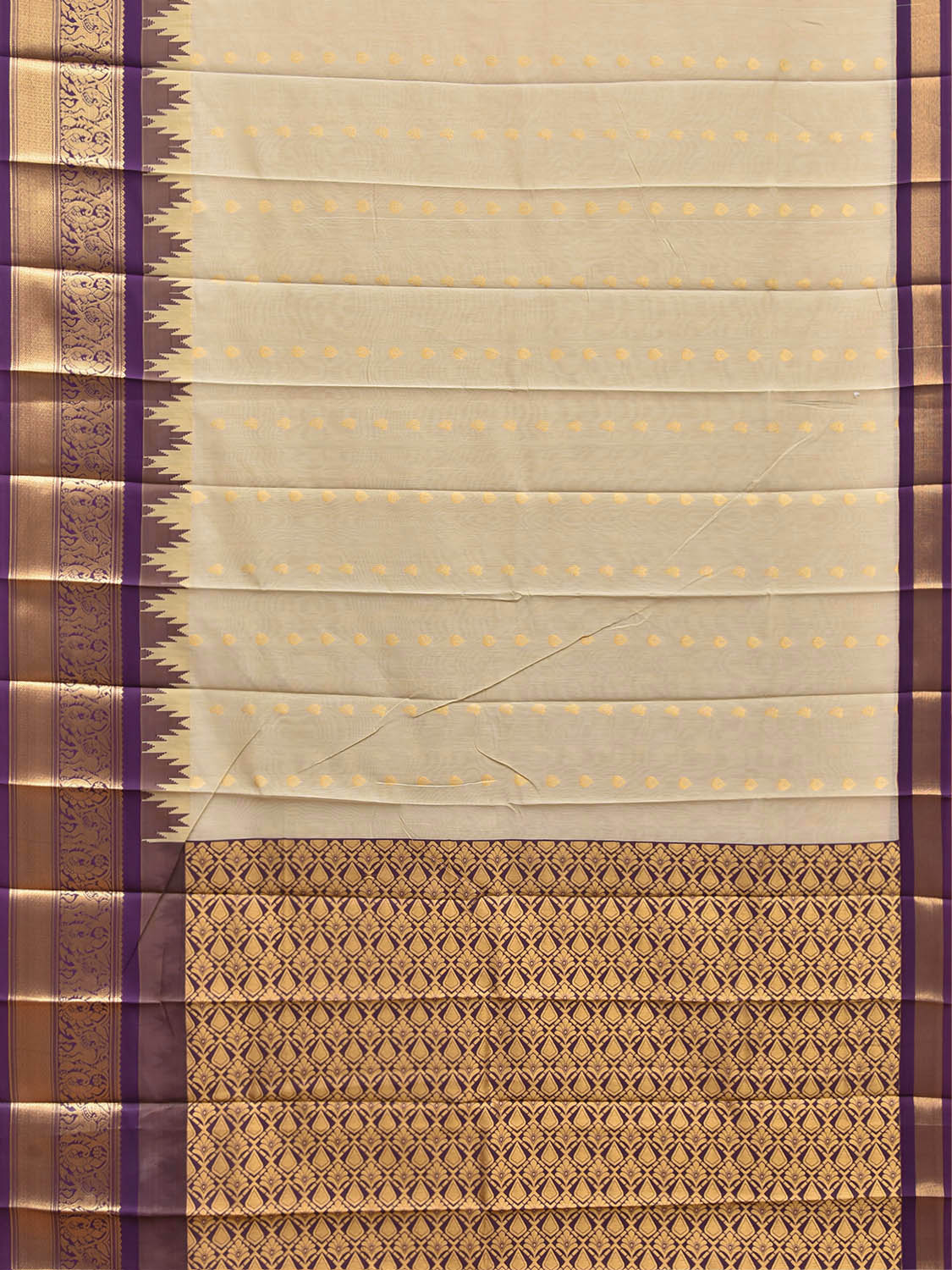 Cream and Purple Gadwal Cotton Viscose Saree with Body Buta and Temple Border Design g0669