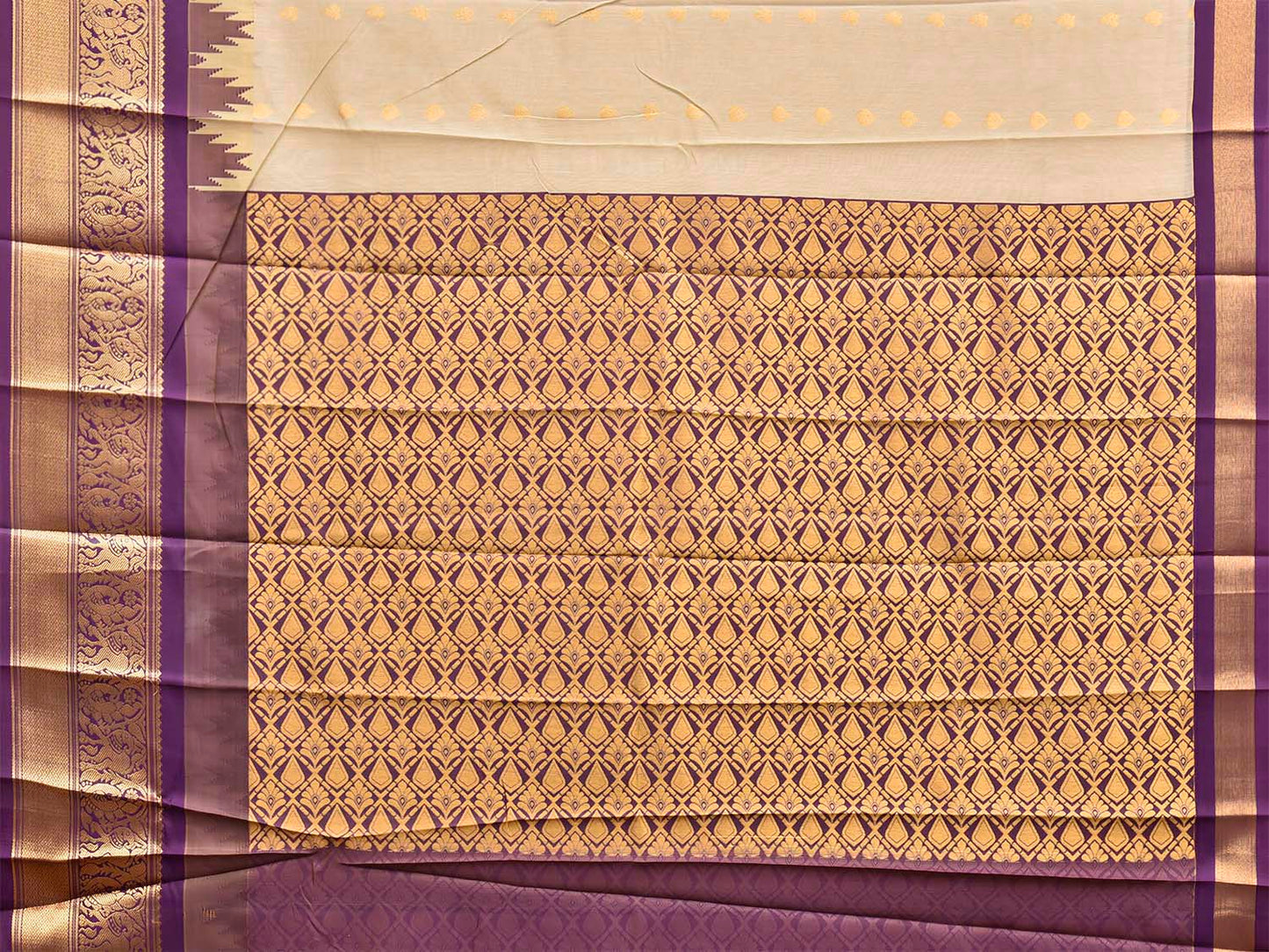 Cream and Purple Gadwal Cotton Viscose Saree with Body Buta and Temple Border Design g0669