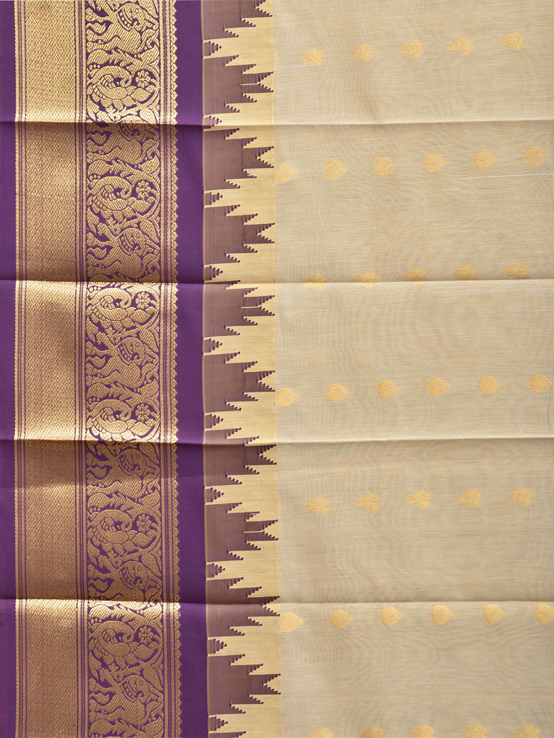 Cream and Purple Gadwal Cotton Viscose Saree with Body Buta and Temple Border Design g0669
