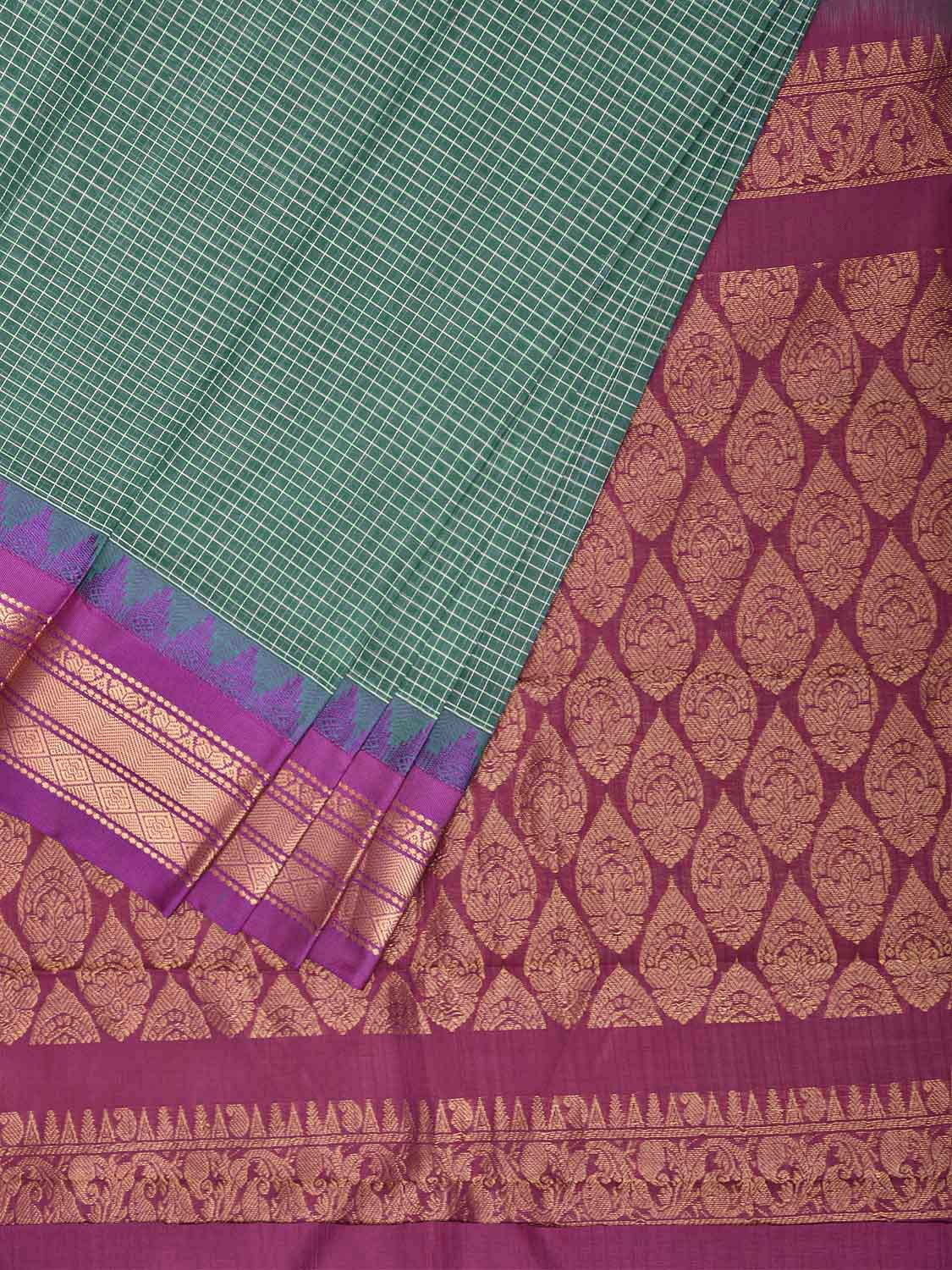 Light Green and Purple Gadwal Cotton Viscose Saree with Checks and Pallu Design No Blouse g0670