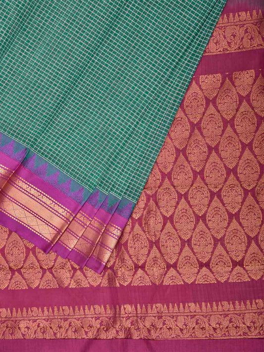 Light Green and Purple Gadwal Cotton Viscose Saree with Checks and Pallu Design No Blouse g0670