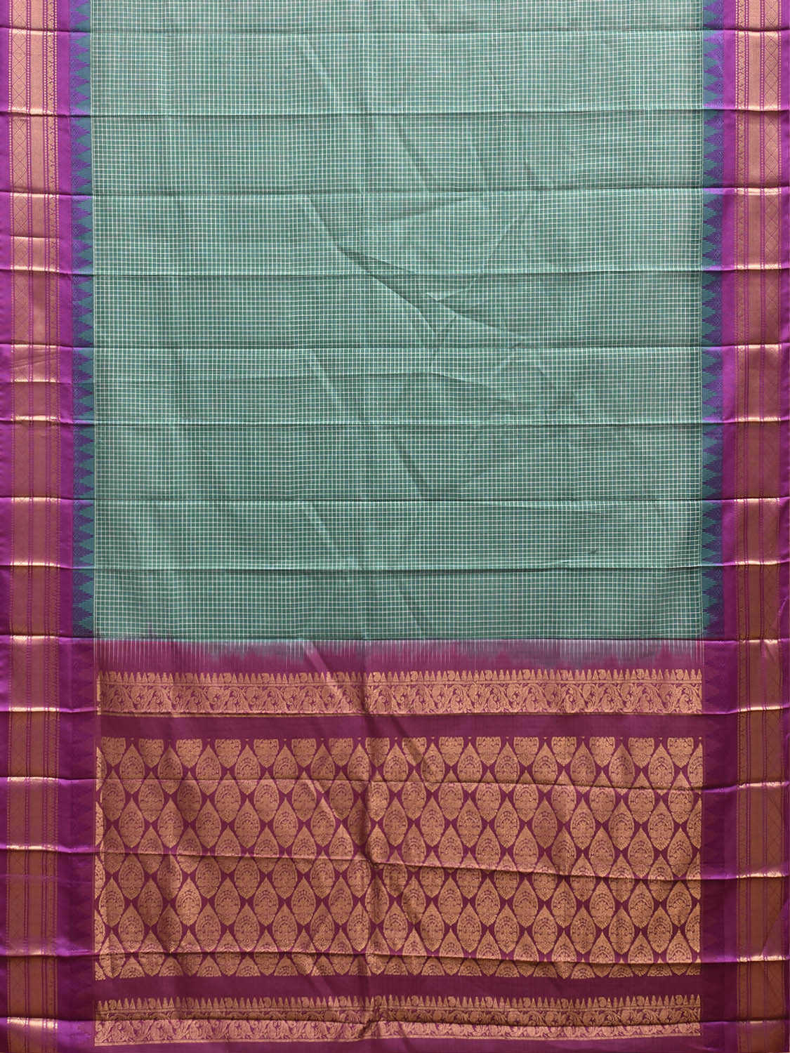 Light Green and Purple Gadwal Cotton Viscose Saree with Checks and Pallu Design No Blouse g0670