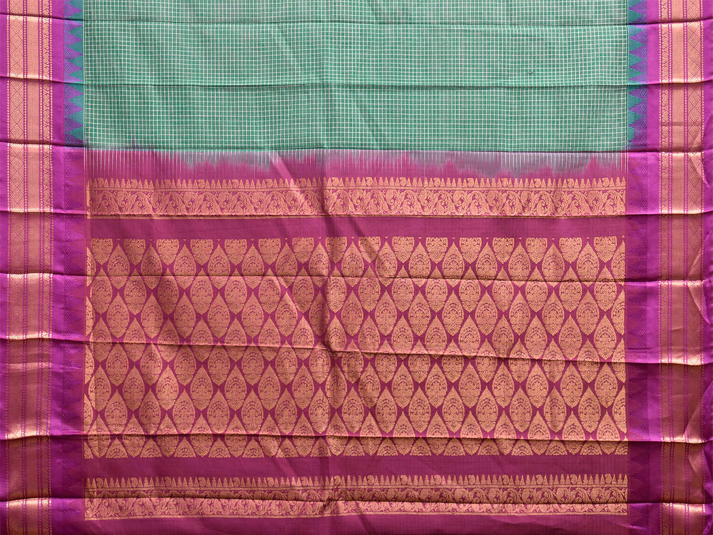 Light Green and Purple Gadwal Cotton Viscose Saree with Checks and Pallu Design No Blouse g0670