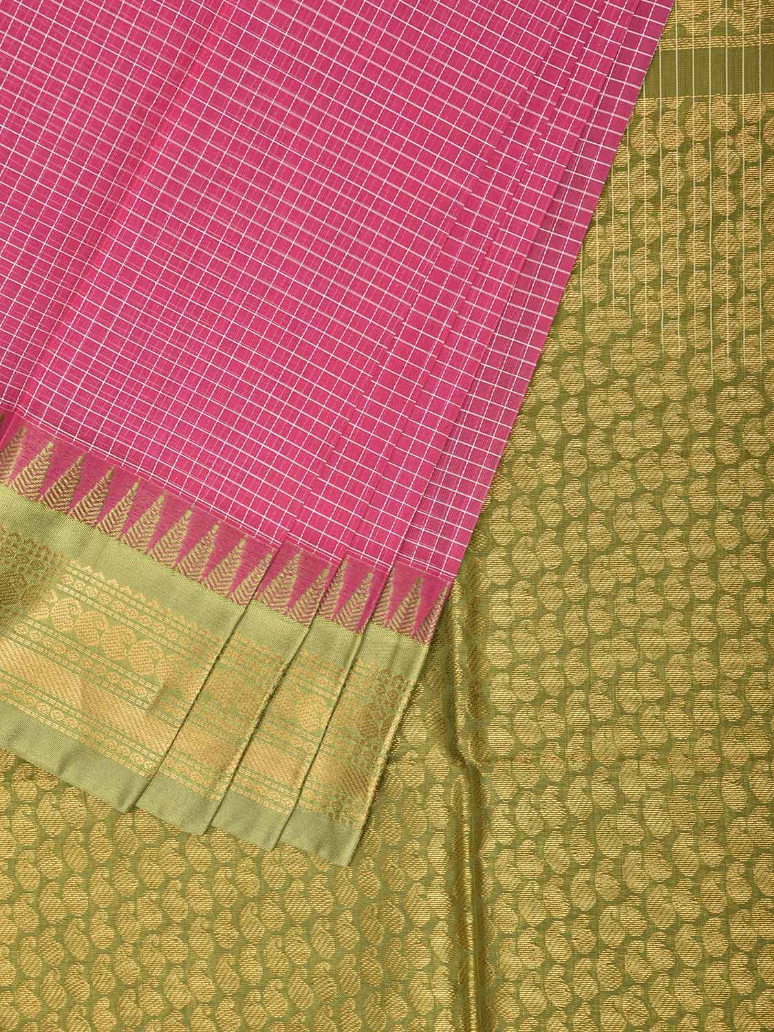 Pink and Light Green Gadwal Cotton Viscose Saree with Checks and Pallu Design No Blouse g0671