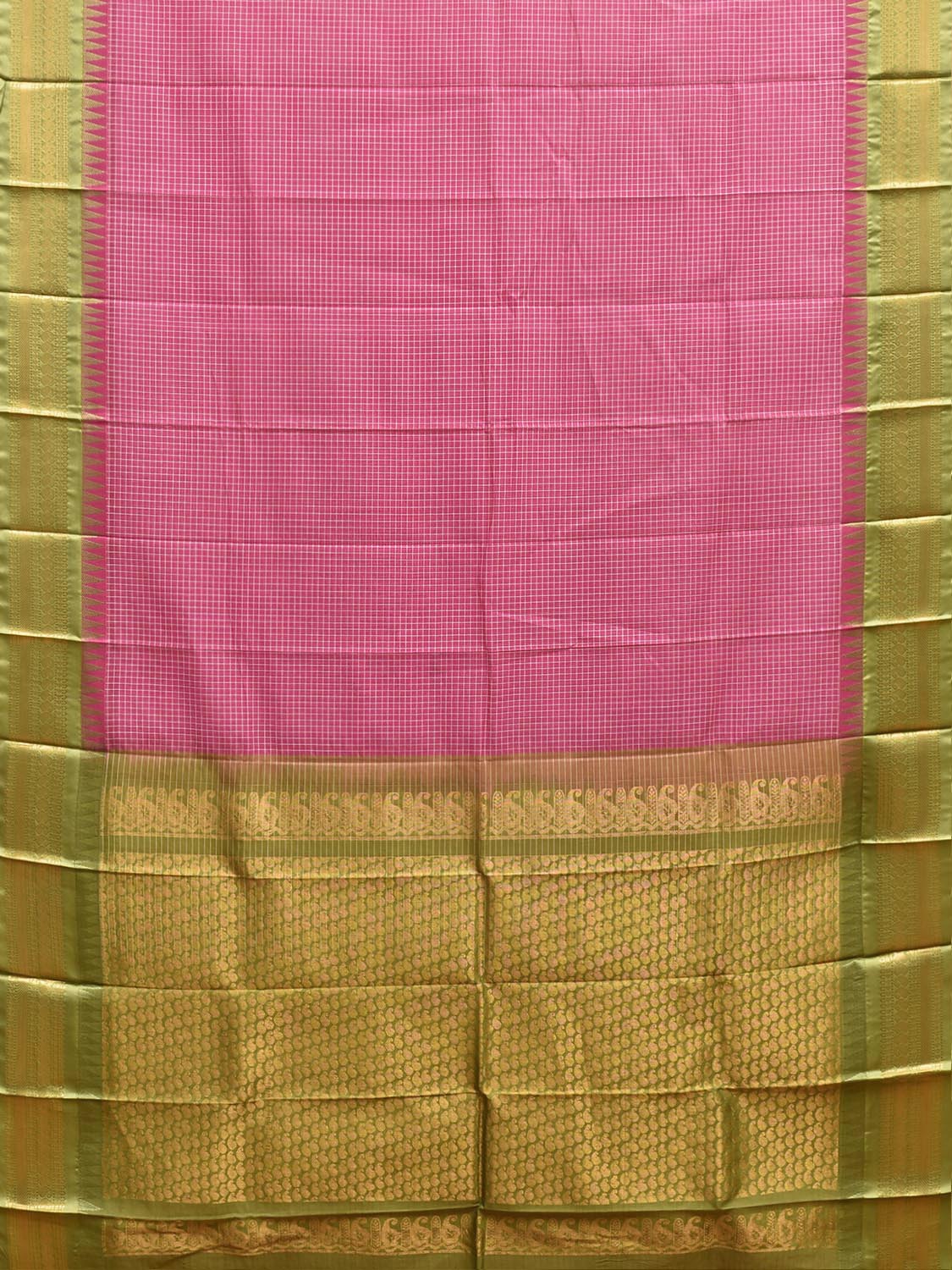 Pink and Light Green Gadwal Cotton Viscose Saree with Checks and Pallu Design No Blouse g0671