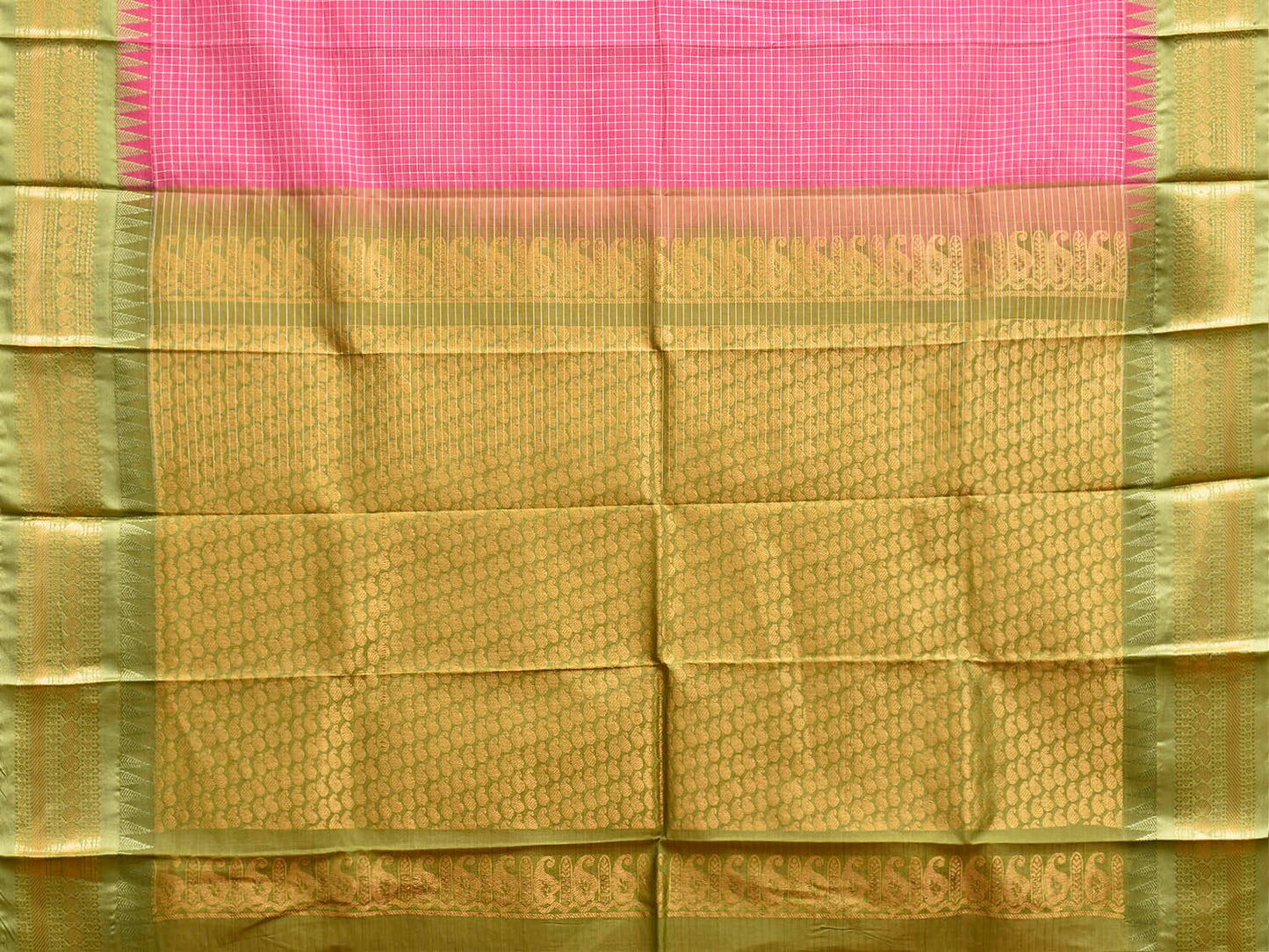 Pink and Light Green Gadwal Cotton Viscose Saree with Checks and Pallu Design No Blouse g0671