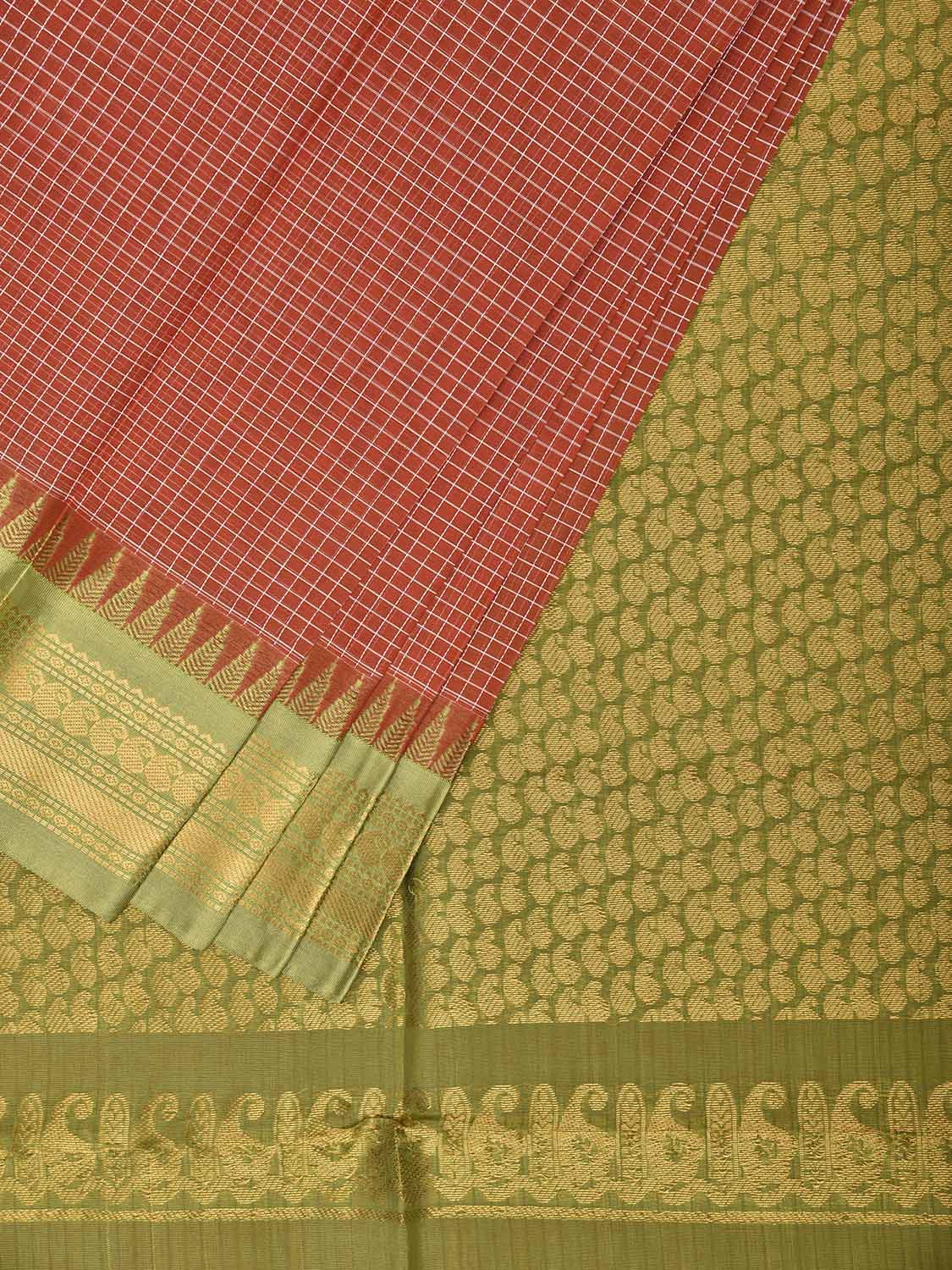 Rust and Light Green Gadwal Cotton Viscose Saree with Checks and Pallu Design No Blouse g0672