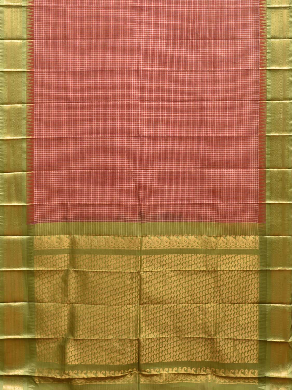 Rust and Light Green Gadwal Cotton Viscose Saree with Checks and Pallu Design No Blouse g0672