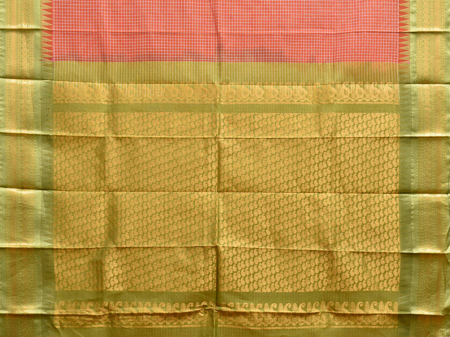 Rust and Light Green Gadwal Cotton Viscose Saree with Checks and Pallu Design No Blouse g0672