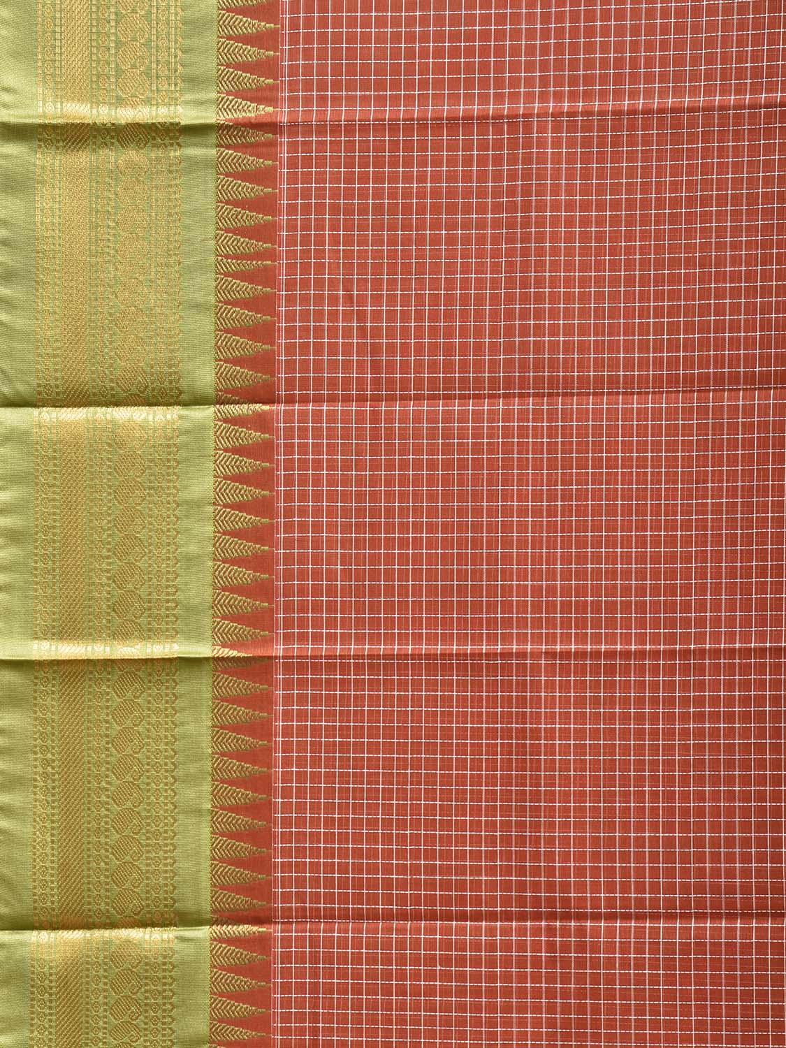 Rust and Light Green Gadwal Cotton Viscose Saree with Checks and Pallu Design No Blouse g0672