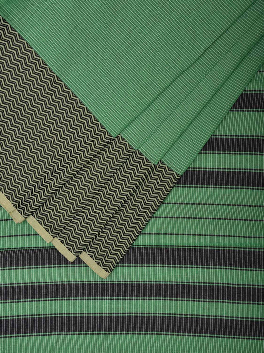 Green and Black Bamboo Cotton Saree with Strips and Zig-Zag Border Design No Blouse bc0565