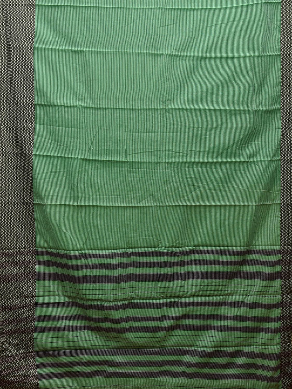 Green and Black Bamboo Cotton Saree with Strips and Zig-Zag Border Design No Blouse bc0565