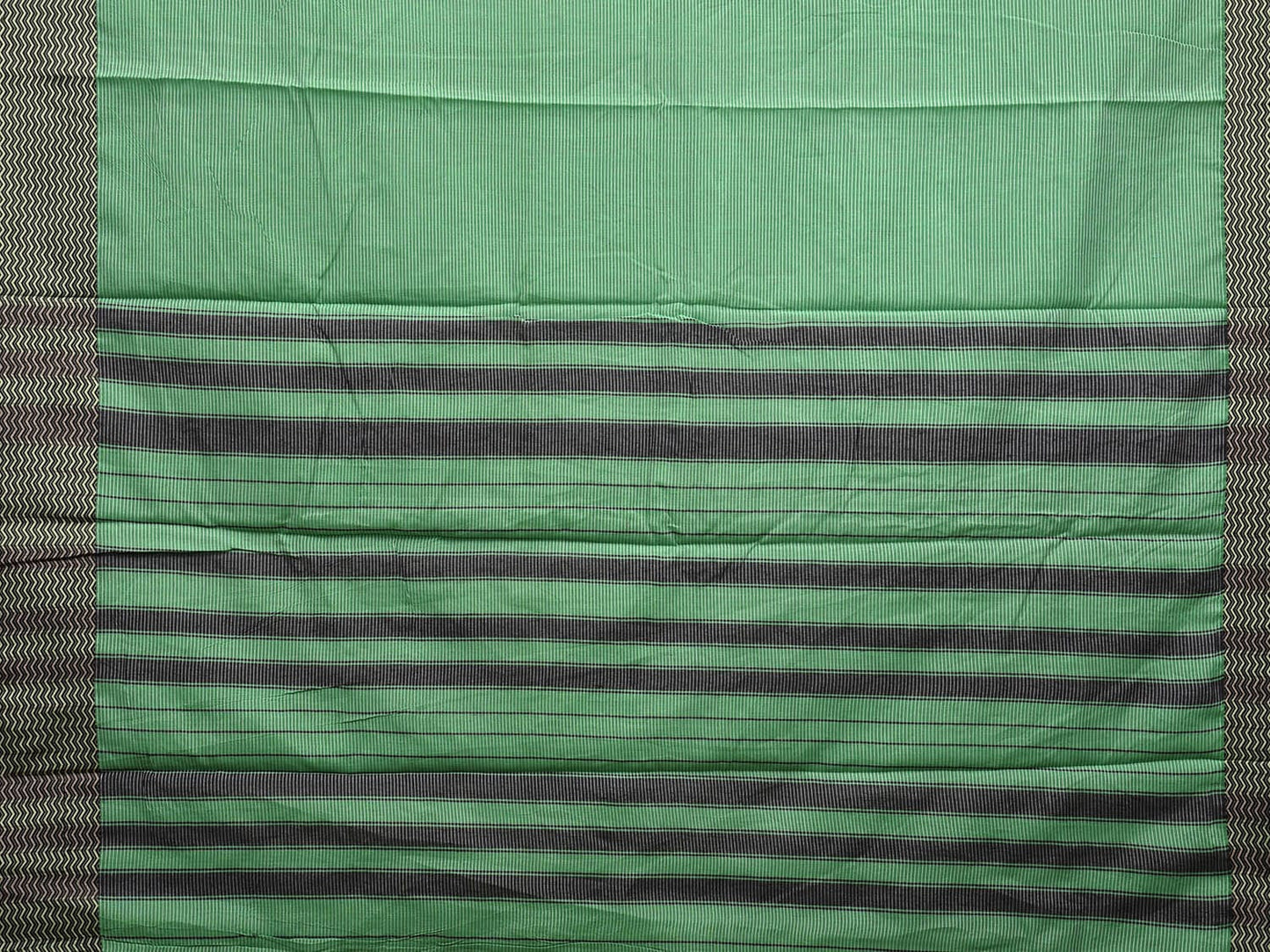 Green and Black Bamboo Cotton Saree with Strips and Zig-Zag Border Design No Blouse bc0565