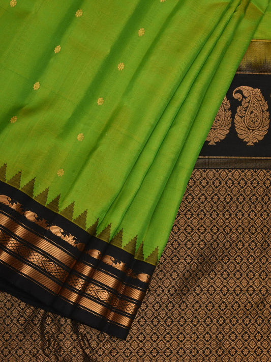 Green and Black Gadwal Silk Handloom Saree with Mango Pallu and Temple Border Design g0308