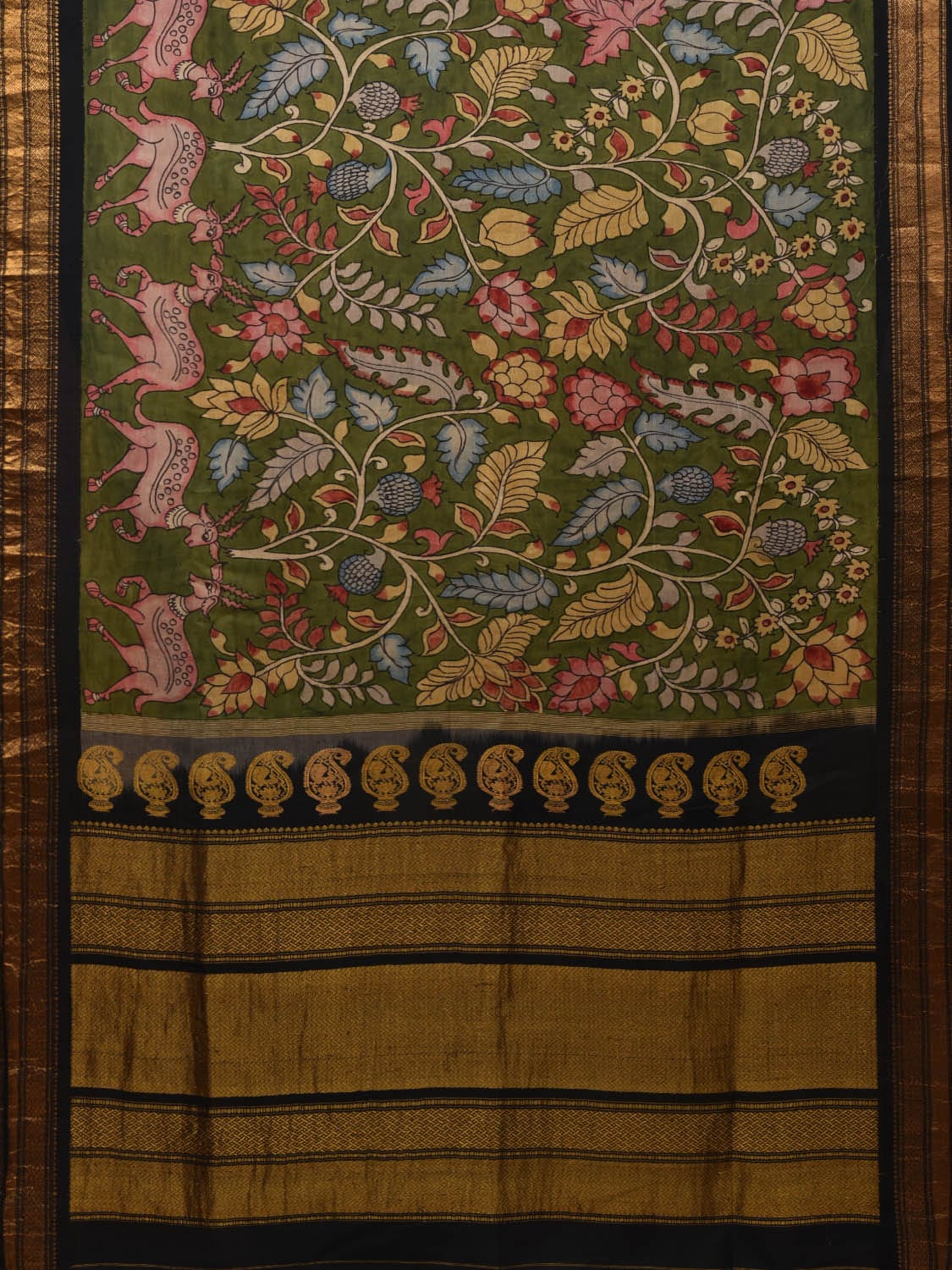 Green and Black Kalamkari Hand Painted Gadwal Silk Handloom Saree with Deers and Mango Pallu Design KL0617