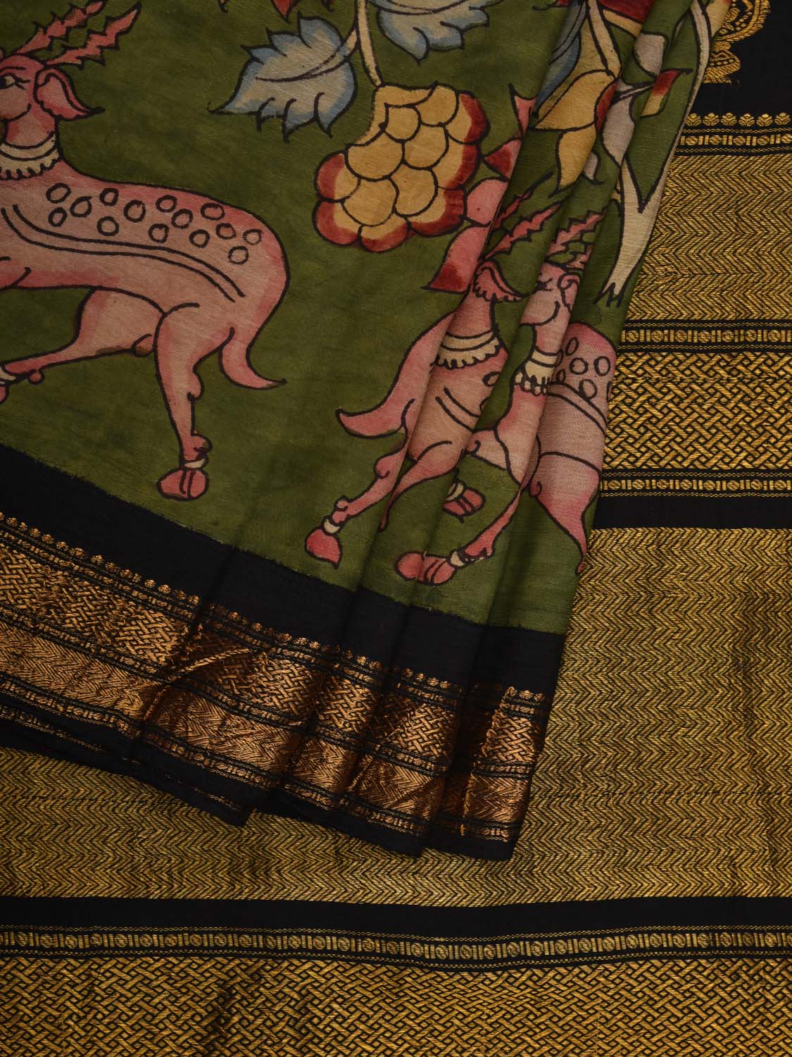 Green and Black Kalamkari Hand Painted Gadwal Silk Handloom Saree with Deers and Mango Pallu Design KL0617