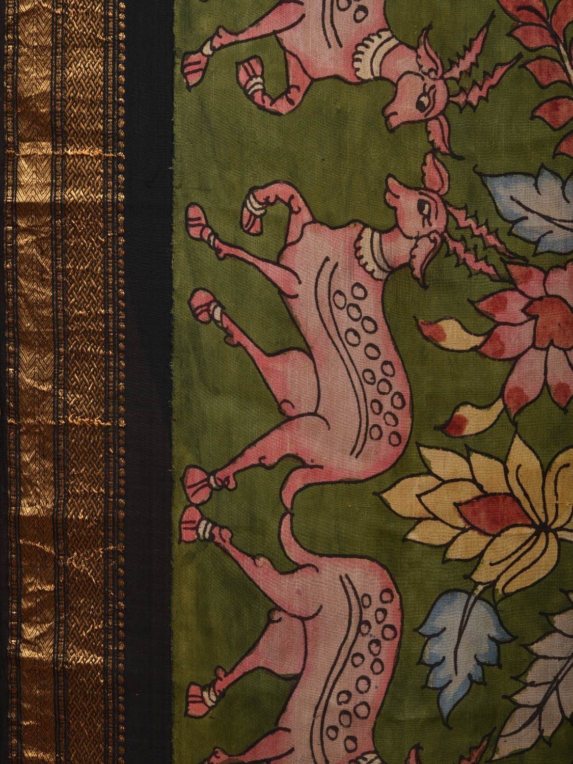 Green and Black Kalamkari Hand Painted Gadwal Silk Handloom Saree with Deers and Mango Pallu Design KL0617