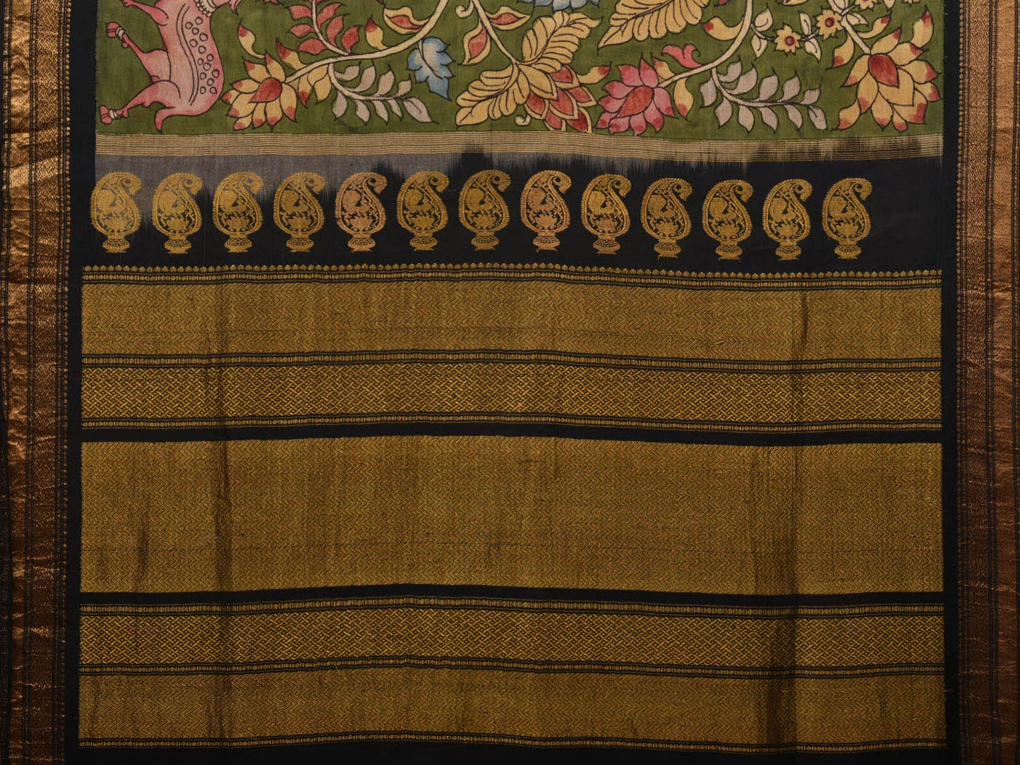 Green and Black Kalamkari Hand Painted Gadwal Silk Handloom Saree with Deers and Mango Pallu Design KL0617