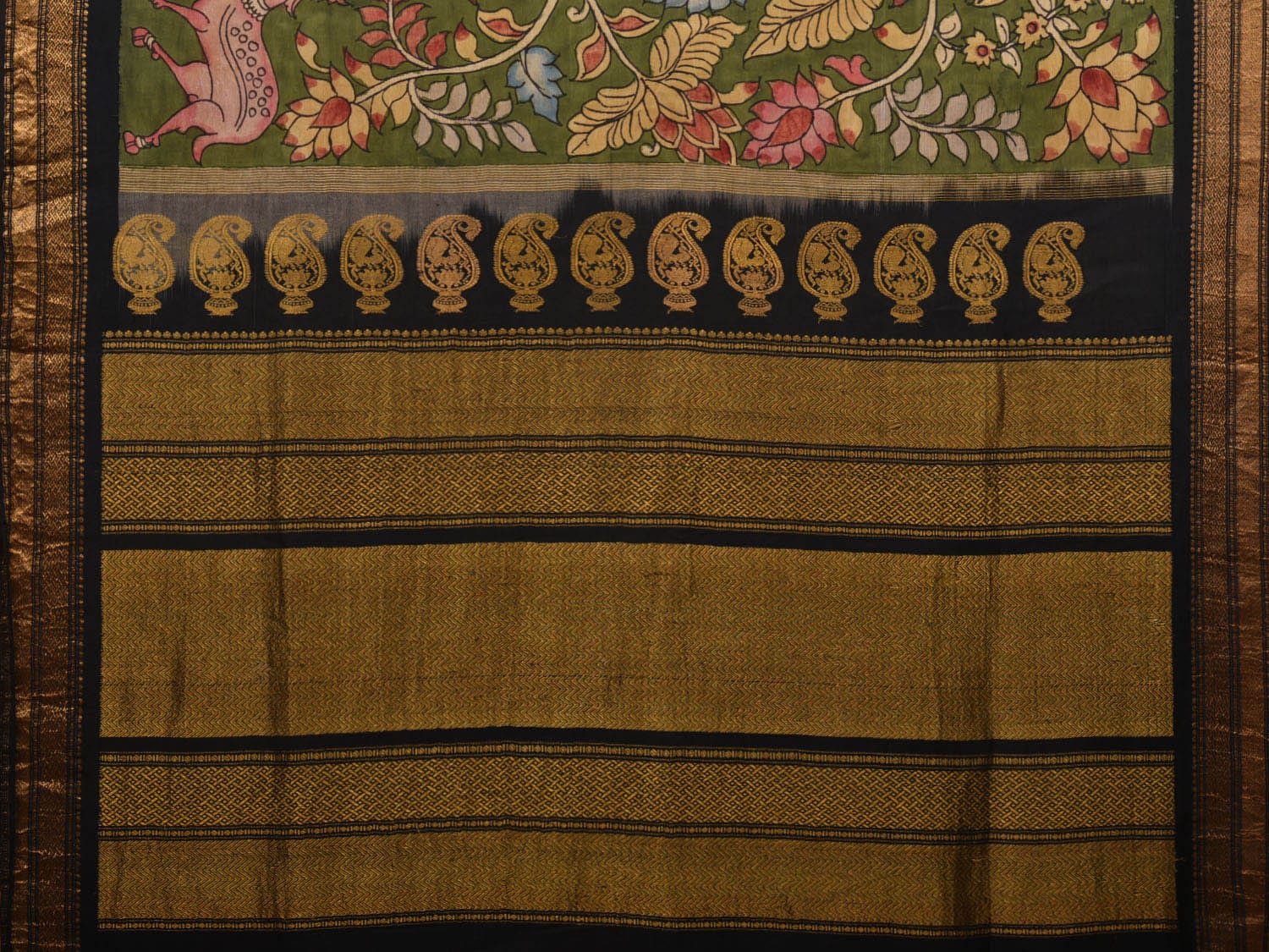 Green and Black Kalamkari Hand Painted Gadwal Silk Handloom Saree with Deers and Mango Pallu Design KL0617