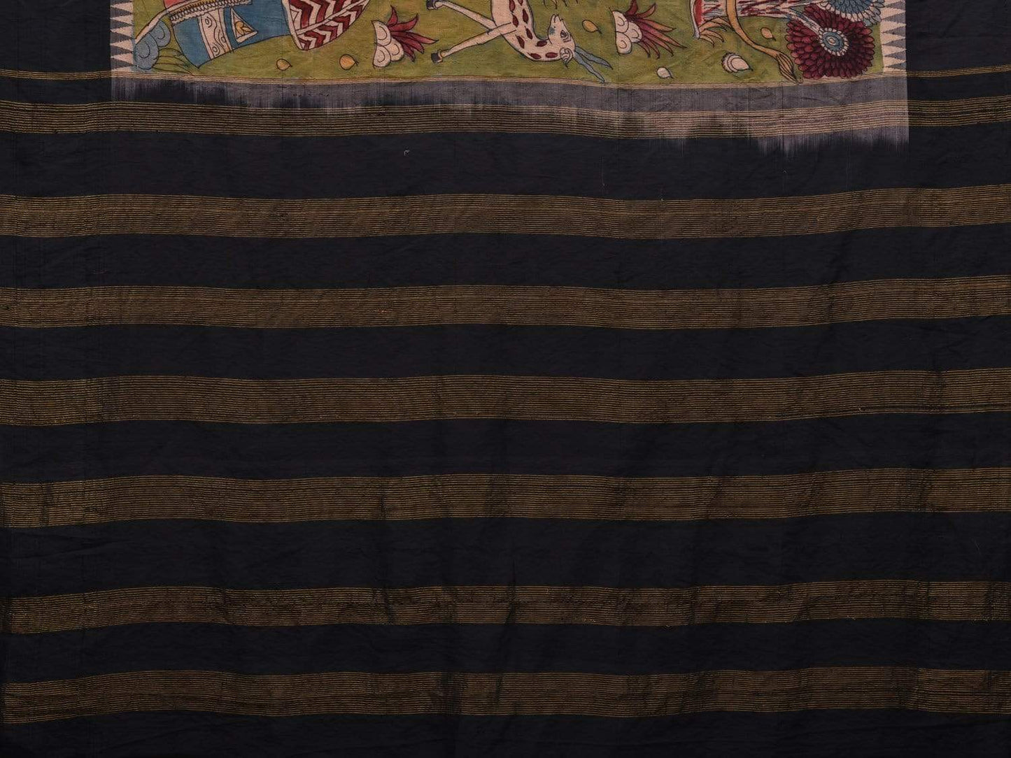 Green and Black Kalamkari Hand Painted Gadwal Silk Handloom Saree with Panchatantra Design KL0554