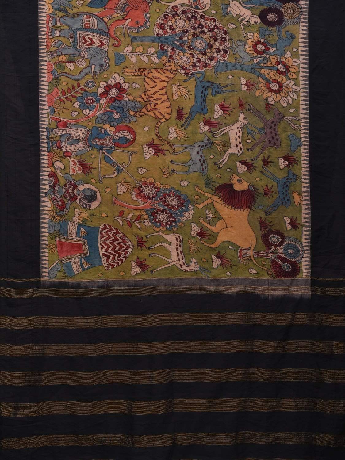 Green and Black Kalamkari Hand Painted Gadwal Silk Handloom Saree with Panchatantra Design KL0554