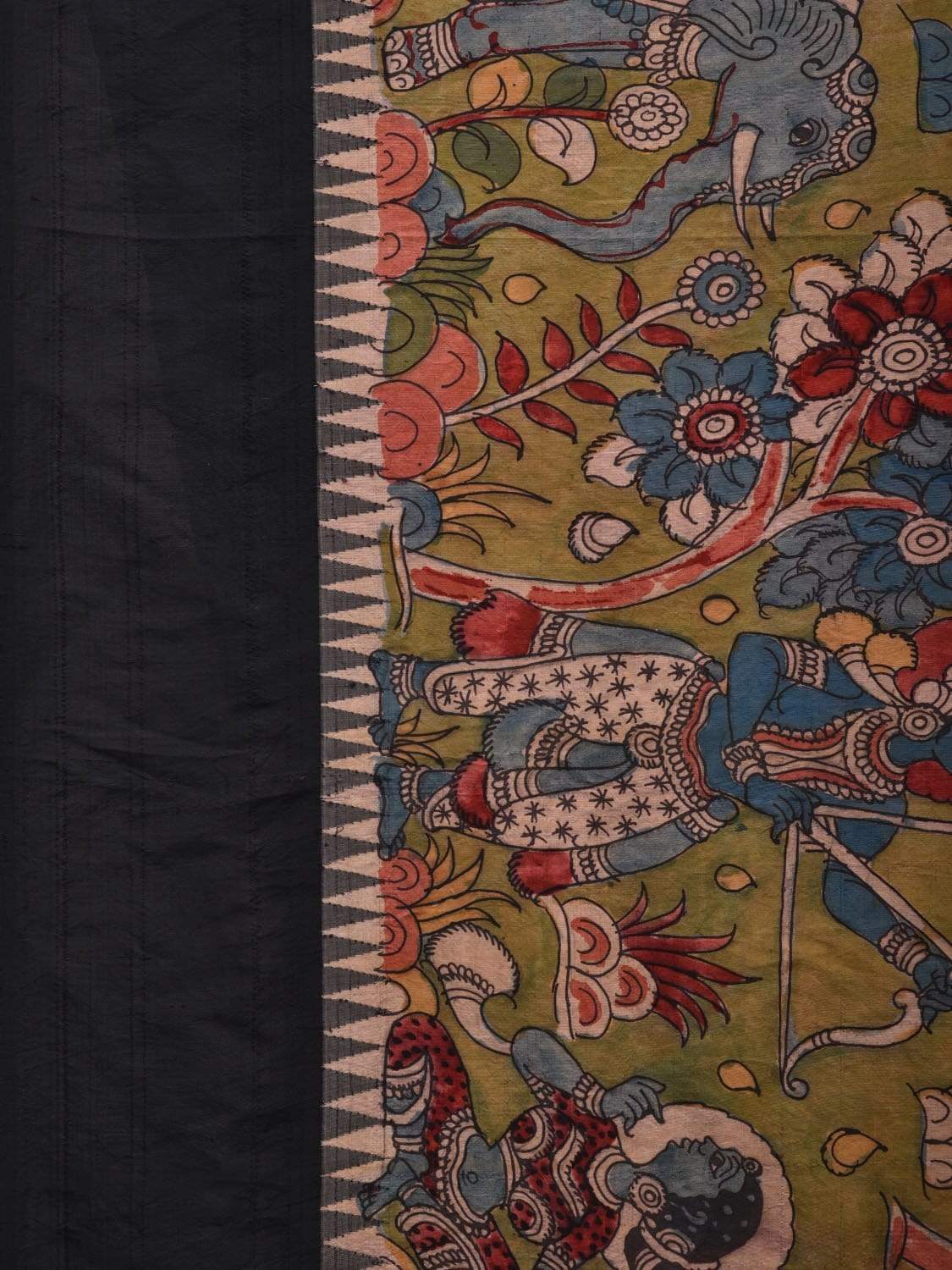 Green and Black Kalamkari Hand Painted Gadwal Silk Handloom Saree with Panchatantra Design KL0554